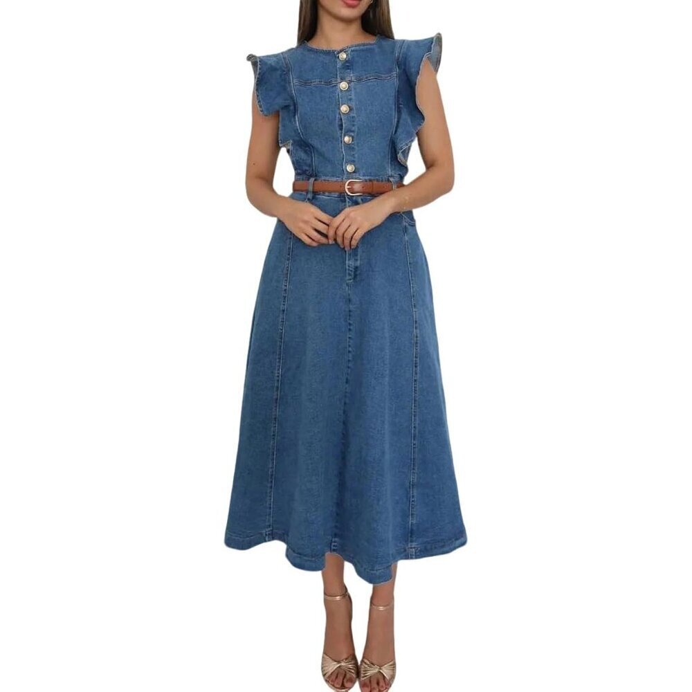 Denim Dress Women Midi Sleeveless Ruffle A Line Button Up Casual Summer